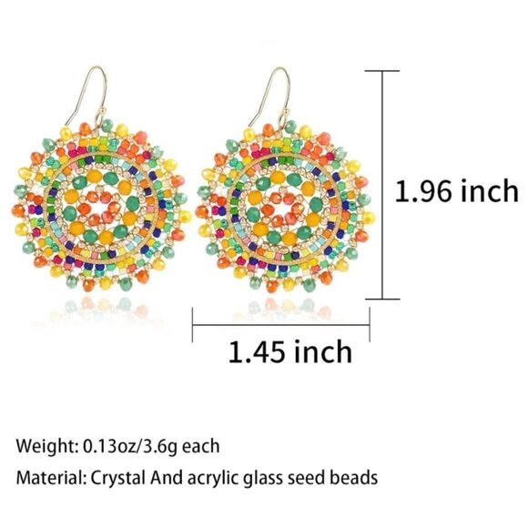 Multicolored Beaded Crystal Round Disc Boho Statement Dangling Hook Earrings - Picture 6 of 6